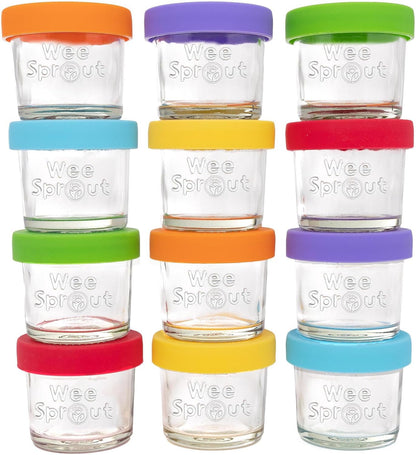 WeeSprout Glass Baby Food Storage Jars w/Lids (4 oz, 12 Pack Set) Snack, Puree, Reusable Small