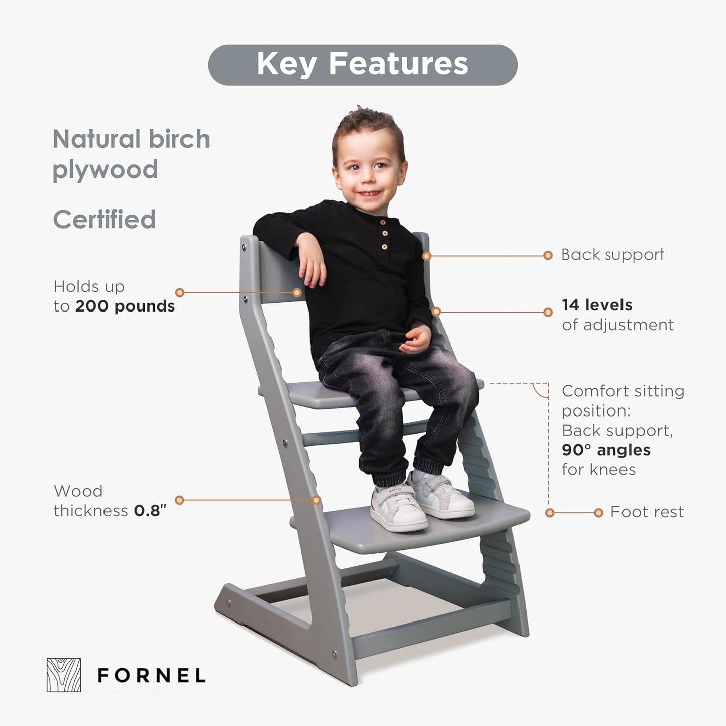 FORNEL Grey Wooden High Chair for Toddlers | The Grow-with-Me Adjustable Chair for Modern Farmhouse
