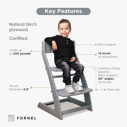 FORNEL Grey Wooden High Chair for Toddlers | The Grow-with-Me Adjustable Chair for Modern Farmhouse