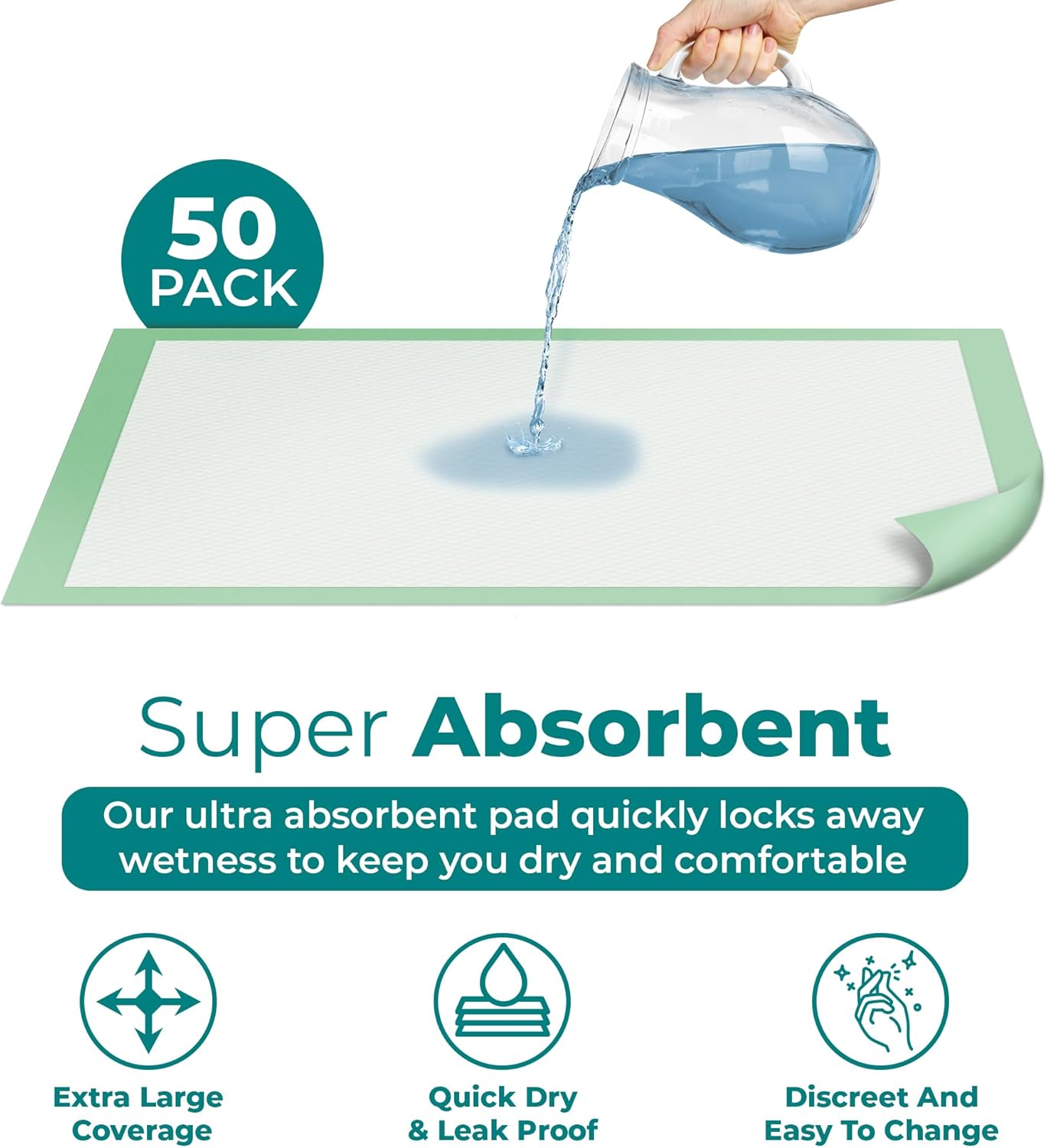 Teal Elite Chucks Pads Disposable Adult 36 x 36, 50 Count - Extra Large Bed Pads Disposable Adult