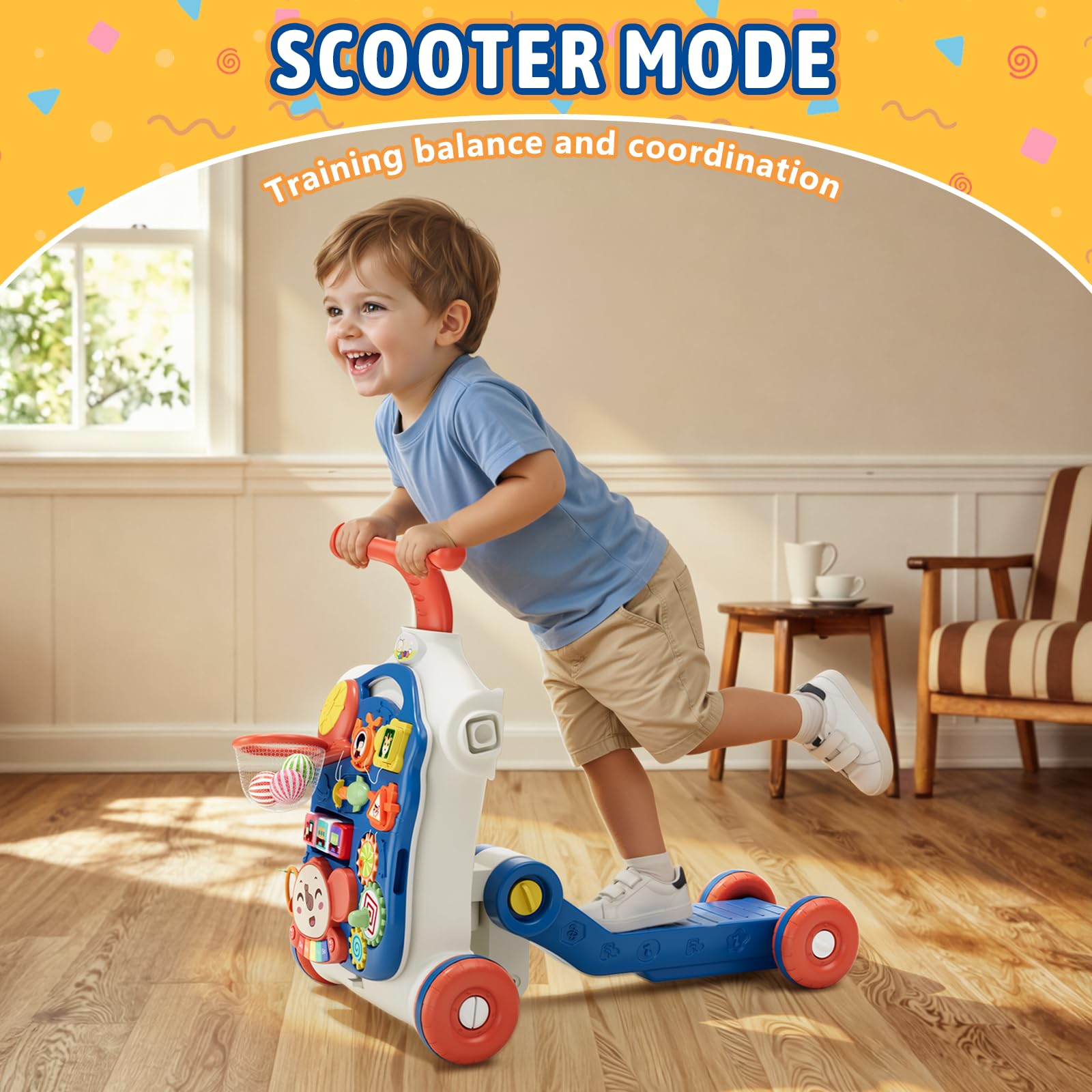 HYES 5 in 1 Baby Push Walker for Baby Boy, Blue