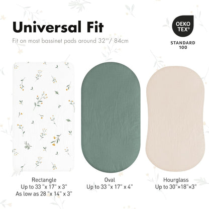 Gllquen Baby Muslin Bassinet Sheets 3 Pack, Breathable Elastic Cozy Fitted Cotton Bassinet Mattress Sheet for Baby Boy Girls, Fit for Hourglass Oval Rectangular Cradle Pad Sheets 33"x17" (Green)