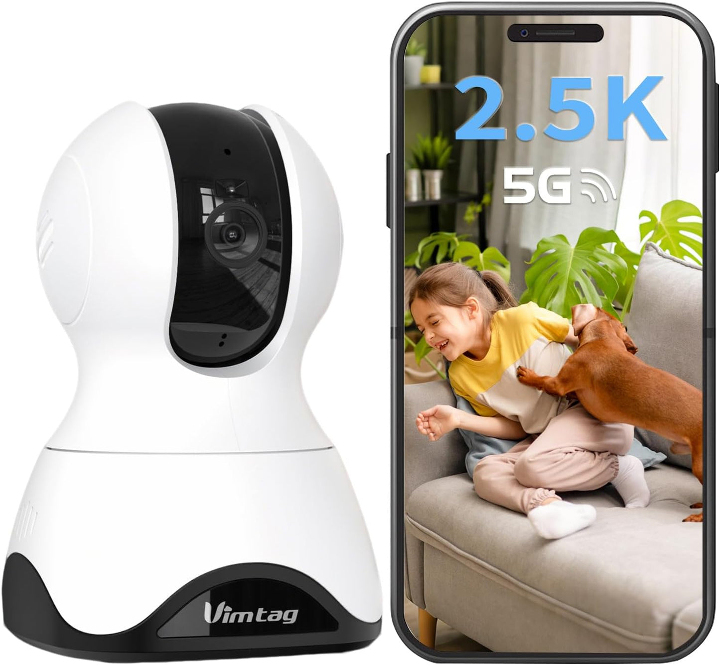VIMTAG 2.5K Indoor Camera – Pet, Dog, Cat & Baby Monitor with Phone App, Audio & Speaker, Nanny Cam, 360° View, 5G/2.4G WiFi, Motion Tracking, AI Dection, Night Vision, Home Security, SD/Cloud Storage