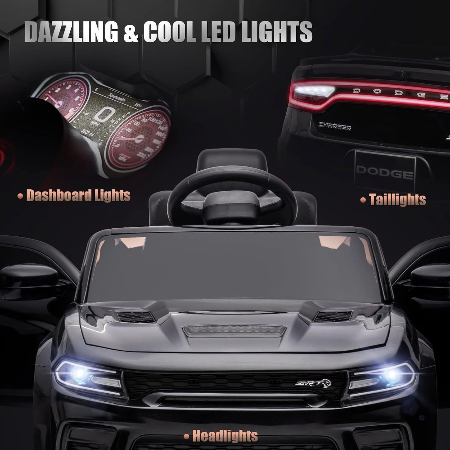 12V 7Ah Kids Electric Ride on Car, Licensed Dodge Charger SRT Hellcat, Battery Powered 4-Wheels Toy Car Electric Vehicle for Kids with Remote Control, 3 Speeds, LED Lights, Music (Black)
