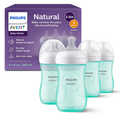 Philips Avent Natural Baby Bottles with Natural Response Nipples (Medium Flow, Flow 3), 9oz, Teal