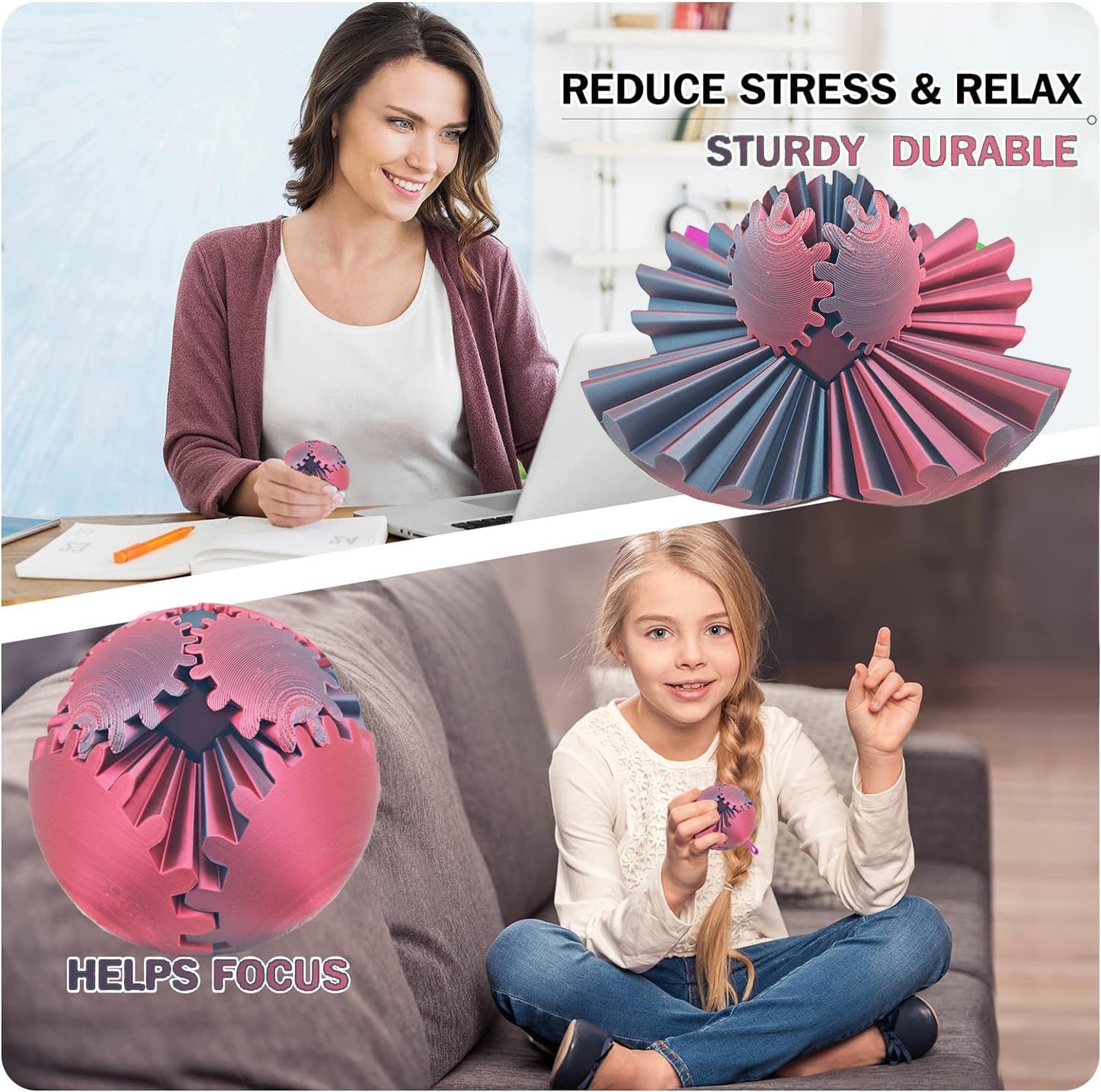 Gear Ball for ADHD 3D Printed Gear Ball Steampunk Whirling Wonder Fidget Toy Gearsphere Gear Ball for Stress and Anxiety Relaxing Fidget Ball Ideal for Sensory Needs and Autism (Laser Black Red)