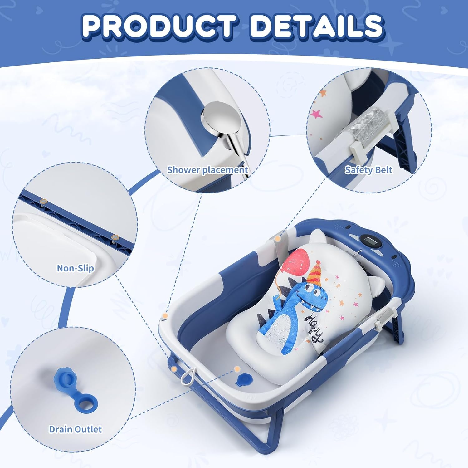 Baby Bathtub,Collapsible Baby Bath Tub with Thermometer & Soft Floating Cushion,Portable Travel