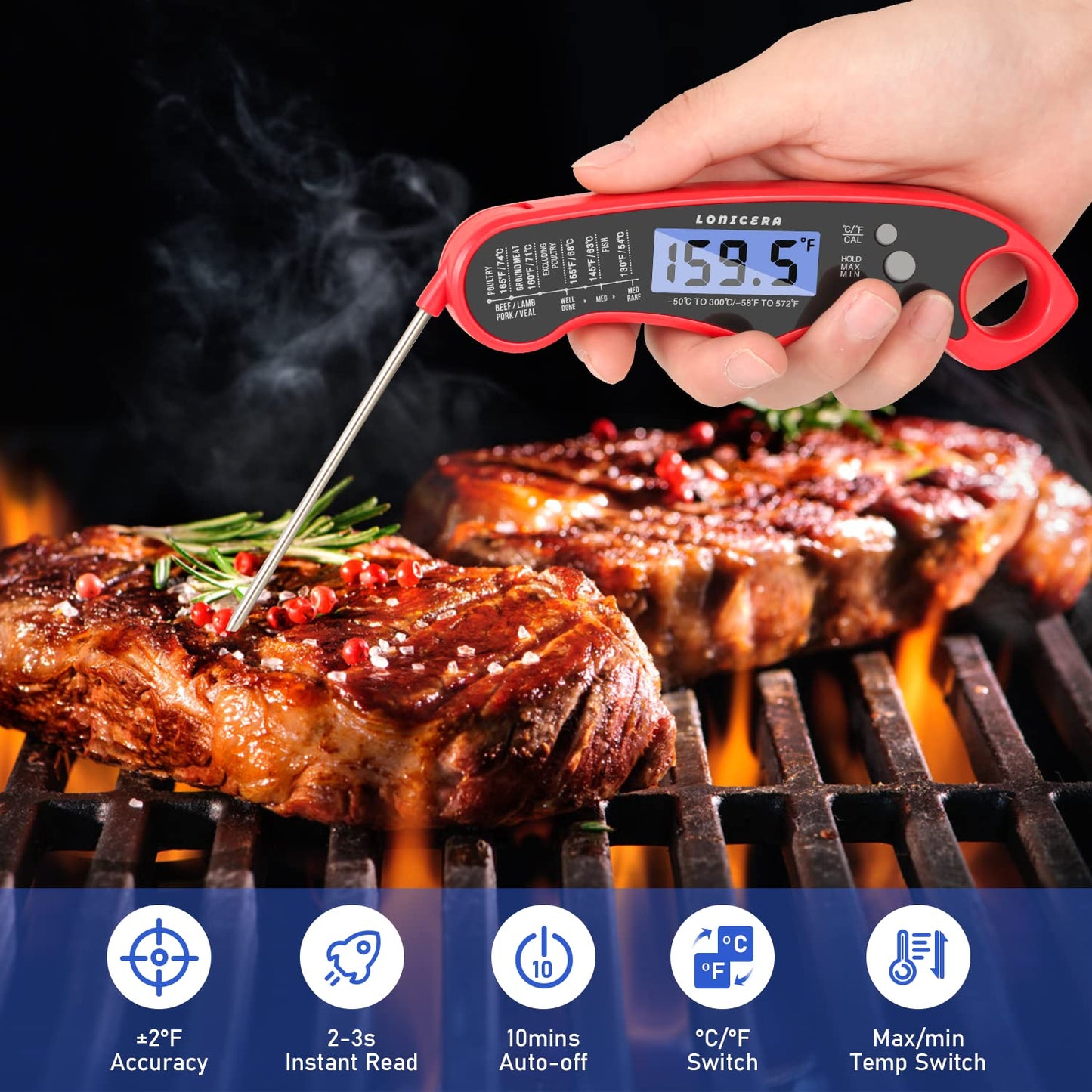 Lonicera Meat Thermometer Digital for Cooking Food. Waterproof & Instant Read for Kitchen Baking