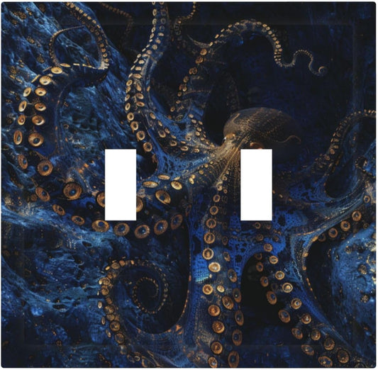 Decorative Switch Covers Plate Horror Night Blue Ocean Evil Octopus 2 Gang Wall Plate Unique Double Toggle Light Switch Plate Wall Cover Plate Faceplate for Bathroom Home Decor