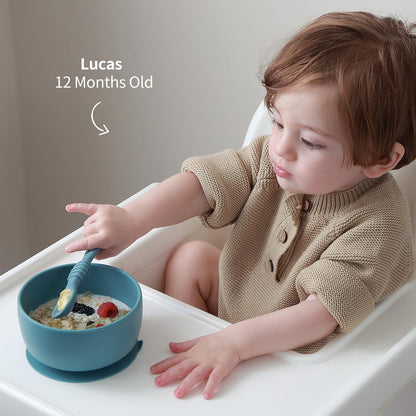 SAMiGO Silicone Baby Bowl and Spoon Set with Suction and Lid, First Stage Self Feeding Essentials, Food Bowl for 6+ Months