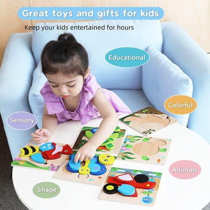 MAGIFIRE Wooden Puzzles for Toddlers 1-3 - 6-Pack Multicolor Animal & Car Puzzles - Toddler Montessori Style Toys