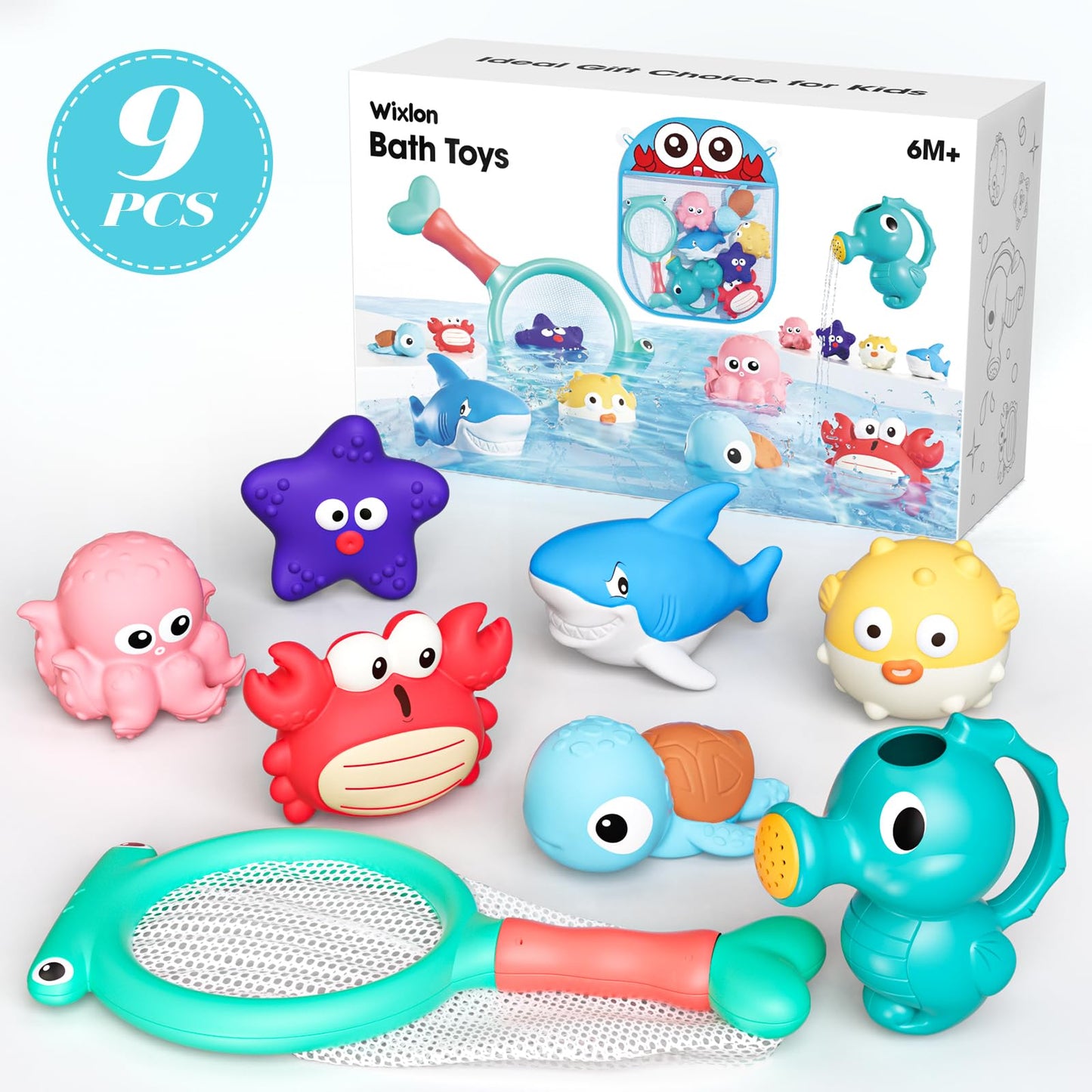 Mold Free Bath Toys for Toddlers 1-3, No Hole Ocean Animal Bathtub and Pool Toys with Mesh
