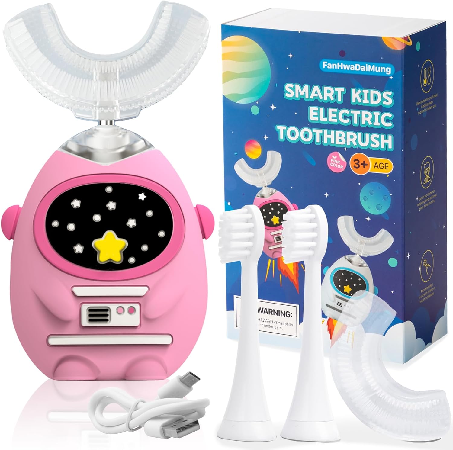 Kids U Shaped Electric Toothbrush with Music, 3 Modes, Voice Teaching, Mouthpiece Cleaning, Soft
