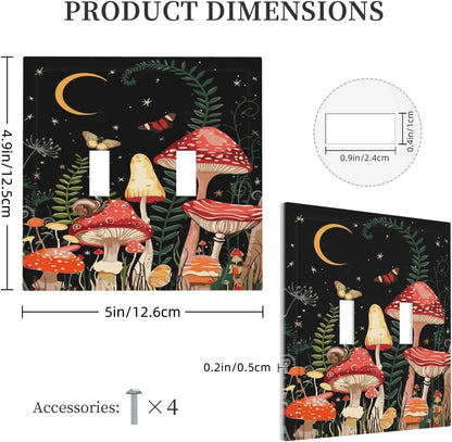 Moon Star Red Mushroom Forest Butterfly Green Plant Decorative Switch Plates 2 Gang Double Toggle Outlet Light Switch Cover Wall Plate Electrical Faceplate for Kids Room Home Decor