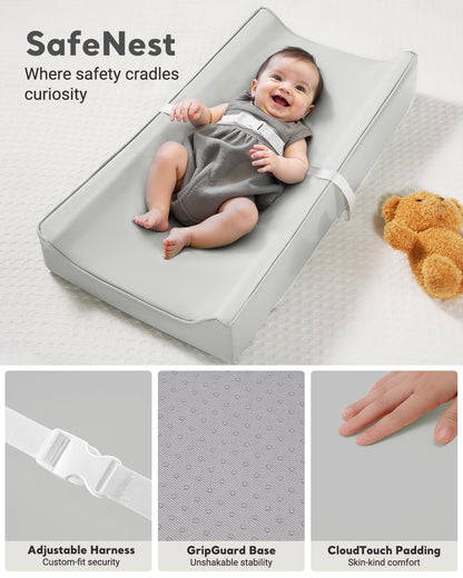 Vegan Leather Waterproof Baby Changing Pad - Wipeable, Extra Thick & Portable & Non-Slip Diaper Mat for Dresser, Crib, Travel | Soft & Safe (Gray)