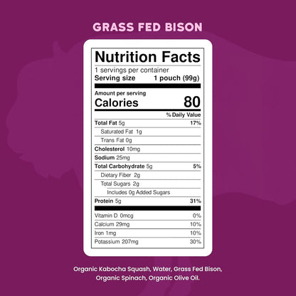 Serenity Kids Baby Food Pouches, Grass Fed Bison with Organic Kabocha Squash & Spinach, For 6+