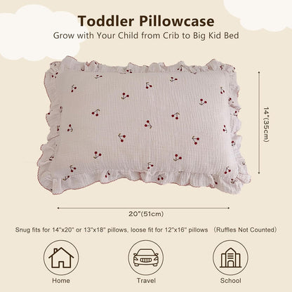 BuLuTu Cotton Muslin Kids Toddler Pillowcase Cherry Pattern, Soft Travel Pillow Ruffle Edge Nursery Pillow Case for Boys Girls, Bedding Decor, Durable Pillowcases 14"x20", 1 Piece
