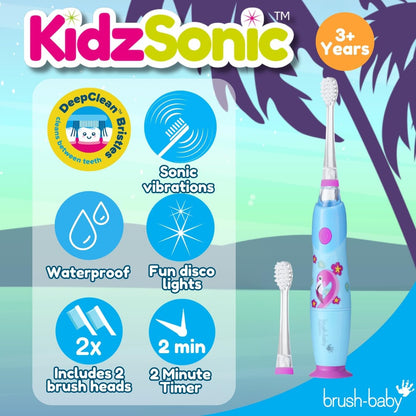 Brush‑Baby - KidzSonic Flamingo Kids Electric Toothbrush for Ages 3+ with Disco LED Lights, Gentle