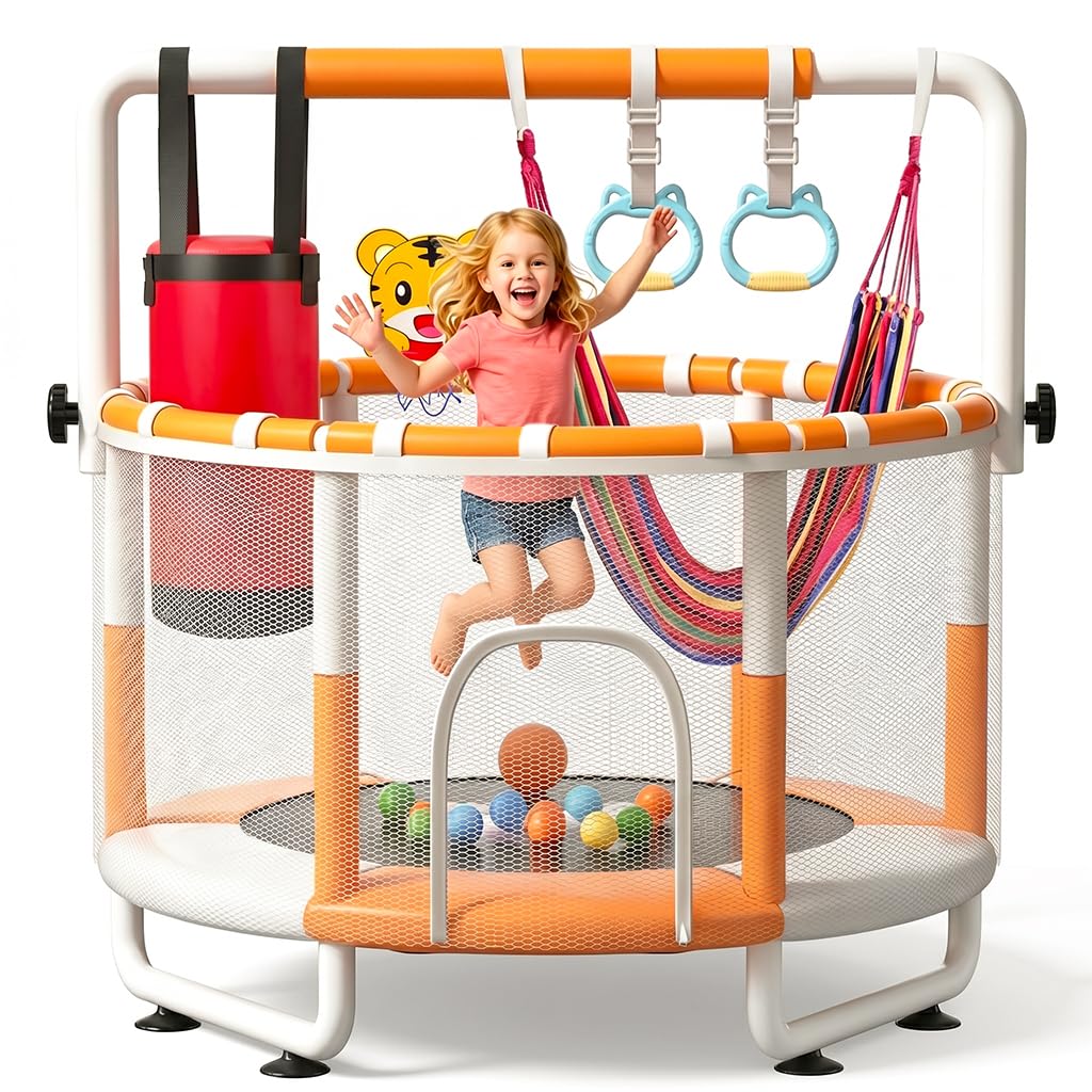 KINETRA 55" Kids Indoor Trampoline with Safety Net, Adjustable Gymnastics Bar & Toys