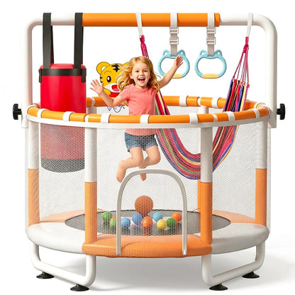 KINETRA 55" Kids Indoor Trampoline with Safety Net, Adjustable Gymnastics Bar & Toys