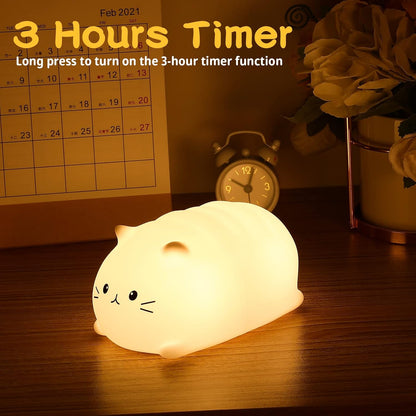 Tremdwoto Cat Night Light for Kids,Cute Colorful Night Light Baby Girl Squishy Night Light Lamp 3 Hour Timer Kitty Light USB Rechargeable Nursery Lamp Nightlight ，Gifts for Boys and Girls