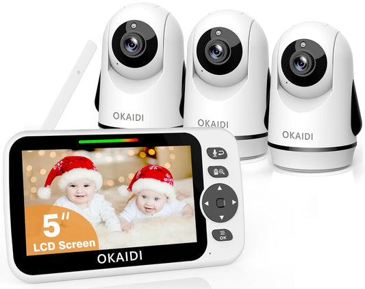 Video Baby Monitor with 3 Cameras, 5" Display Baby Monitor No WiFi, 30H Battery and 1000ft Range, 2-Way Talk, 8 Lullabies, Remote Pan-Tilt-Zoom Baby Camera for Baby/Pet/Elderly
