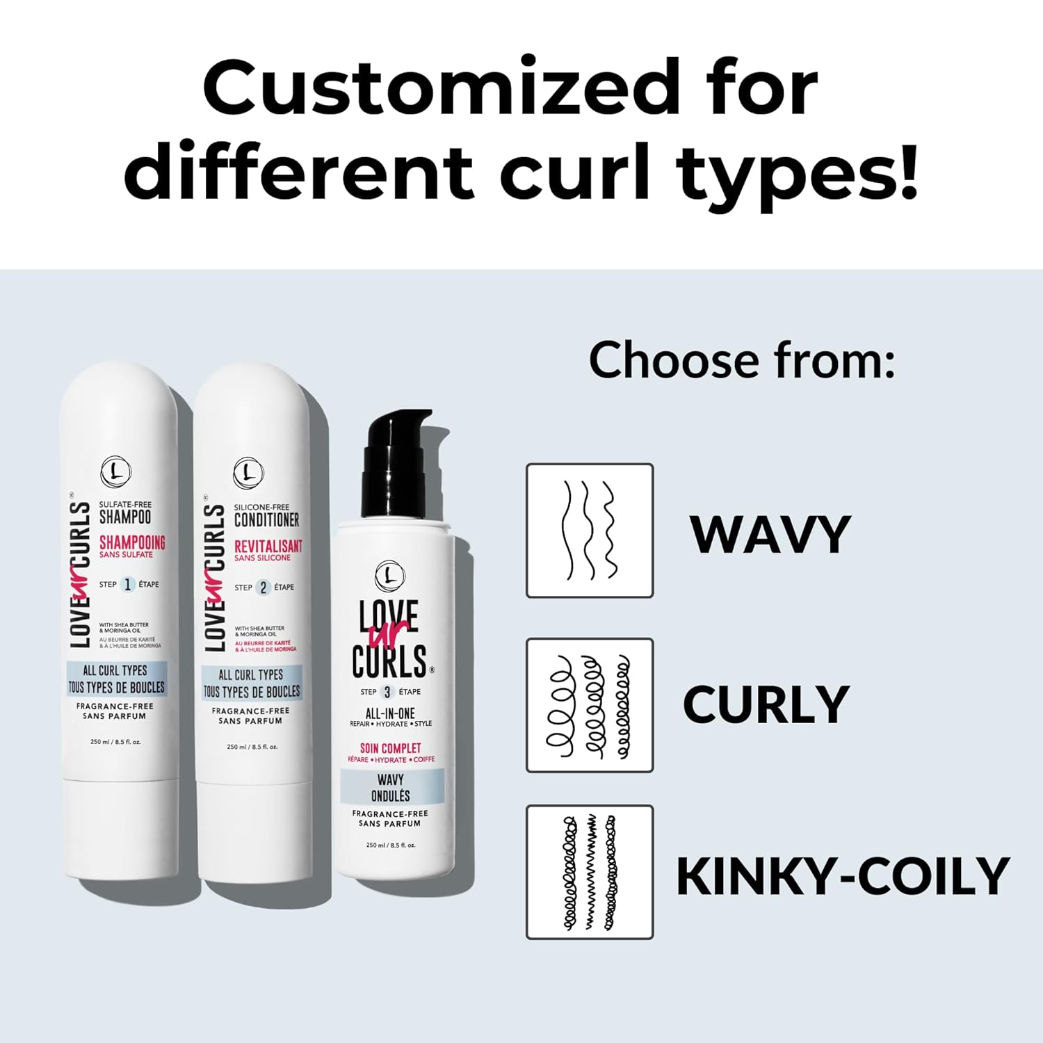 Love Ur Curls Fragrance Free Curly Shampoo and Conditioner Set with All in One Curl Cream Styler