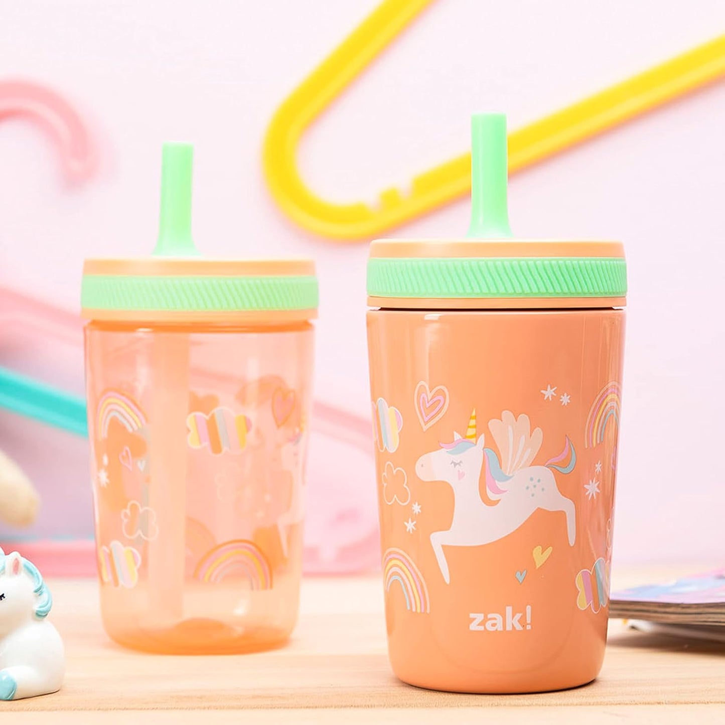 Zak Designs Unicorn Kelso Tumbler Set, Leak-Proof Screw-On Lid with Straw, Bundle for Kids Includes