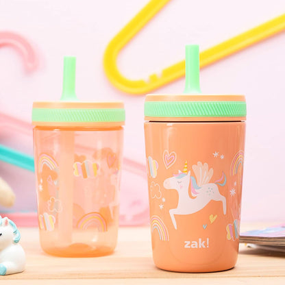 Zak Designs Unicorn Kelso Tumbler Set, Leak-Proof Screw-On Lid with Straw, Bundle for Kids Includes