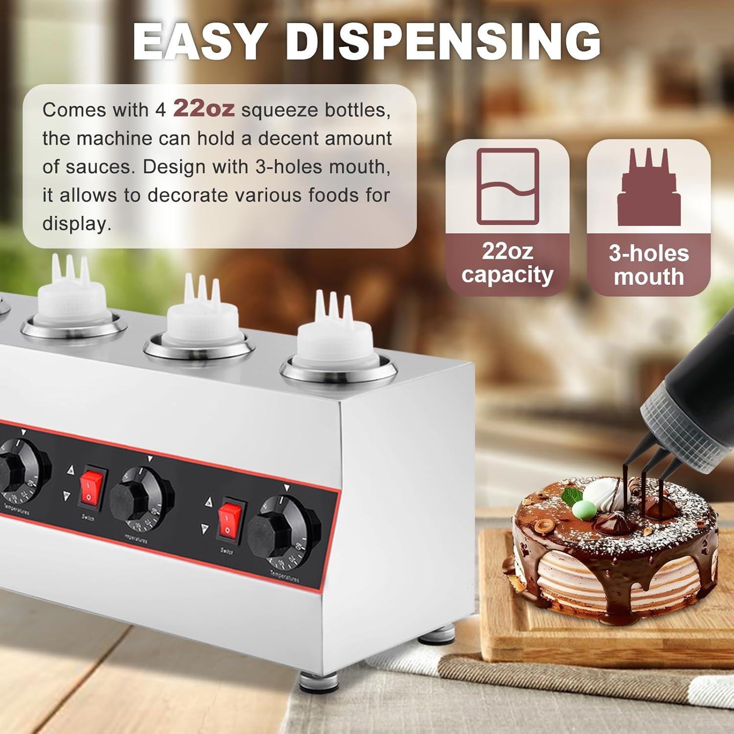 Sauce Warmer Dispenser Sauce Bottle Warmer Nacho Cheese Warmer Dispenser with 650ml Bottles, Bottle