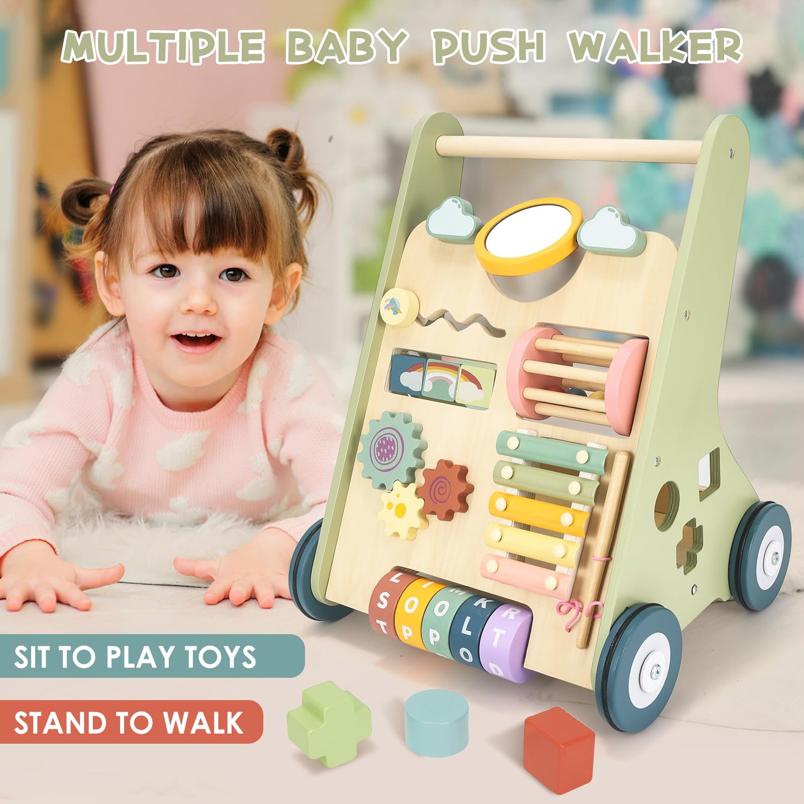 Baby Push Walker, Wooden Baby Walker with Wheels, Montessori Walker for Babies 12 Months