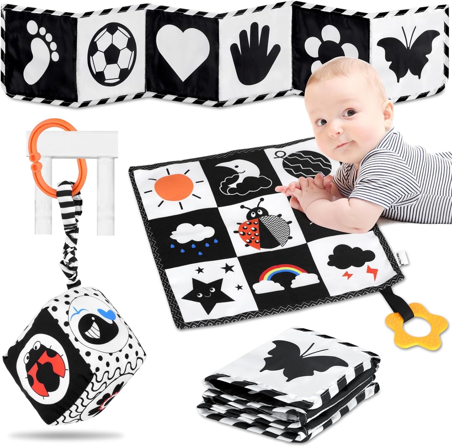 SAMMAS Black and White High Contrast Baby Toys 0-3 Months for Newborn Toys Infant Sensory Soft Book Infant Tummy Time Toys for Brain Development Montessori Learning Activities for Babies(3 Pcs)