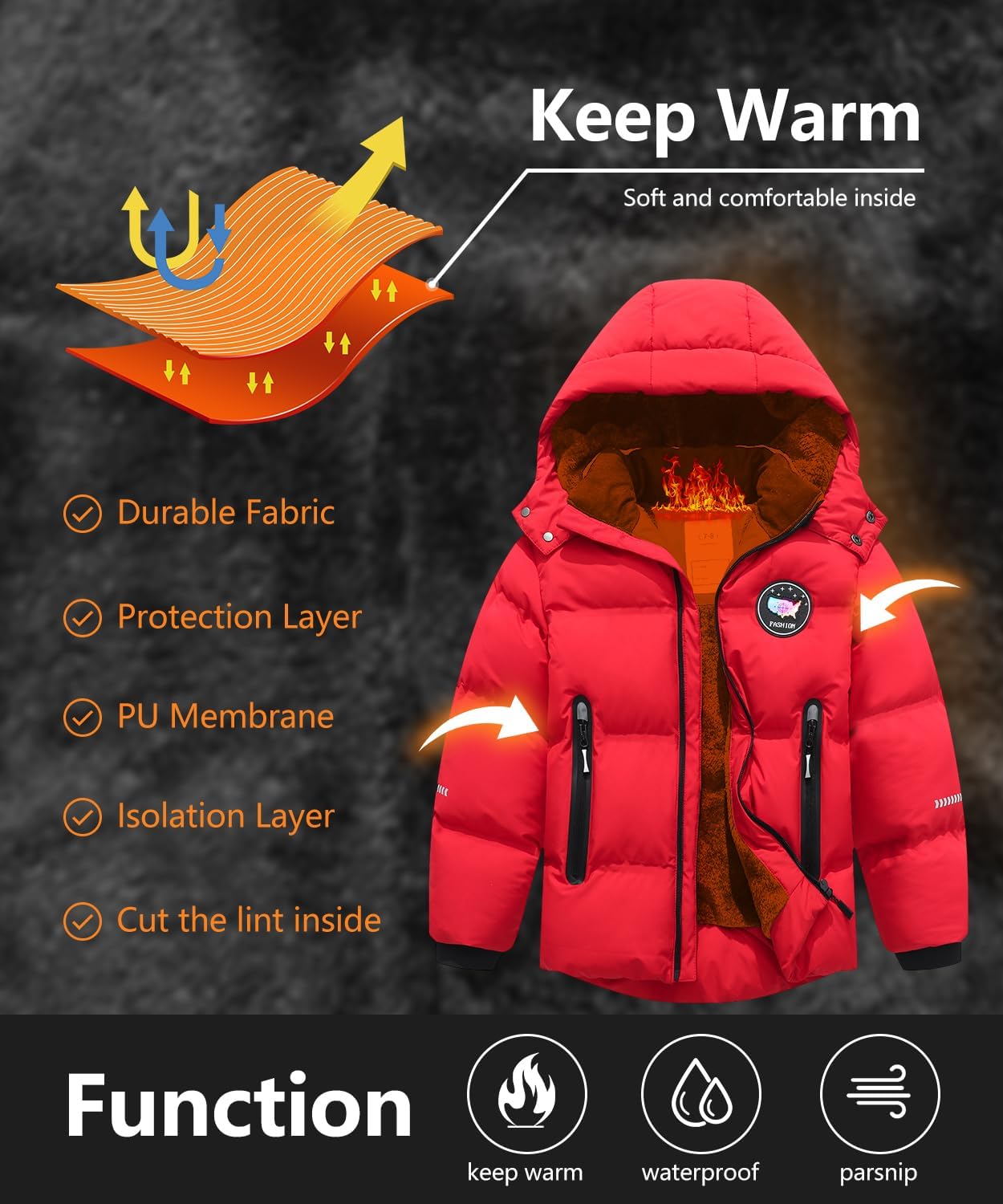 Kids Boy's Winter Coat Fleece Lined Waterproof Jacket Puffy Cotton Coat Thick Hooded Down Outdoor Coats