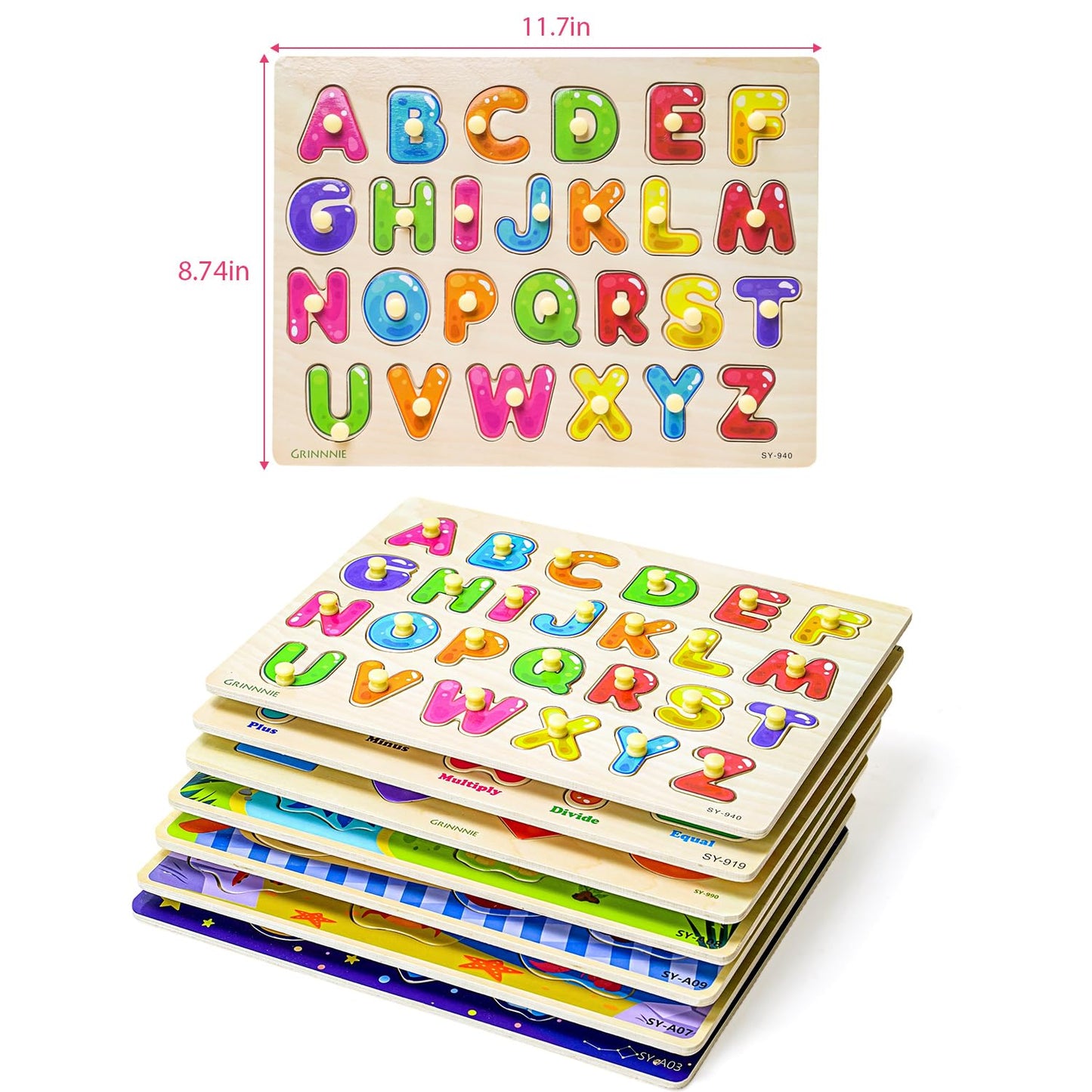 GRINNNIE Toddler Puzzle for 2 3 4 Years Old, 7PCS Montessori Kids Wooden Peg Puzzle Set (Dino