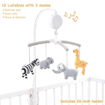 Joliecraft Woodland Safari Musical Baby Crib Mobile, Handmade Nursery Mobile Decor in White and Gray