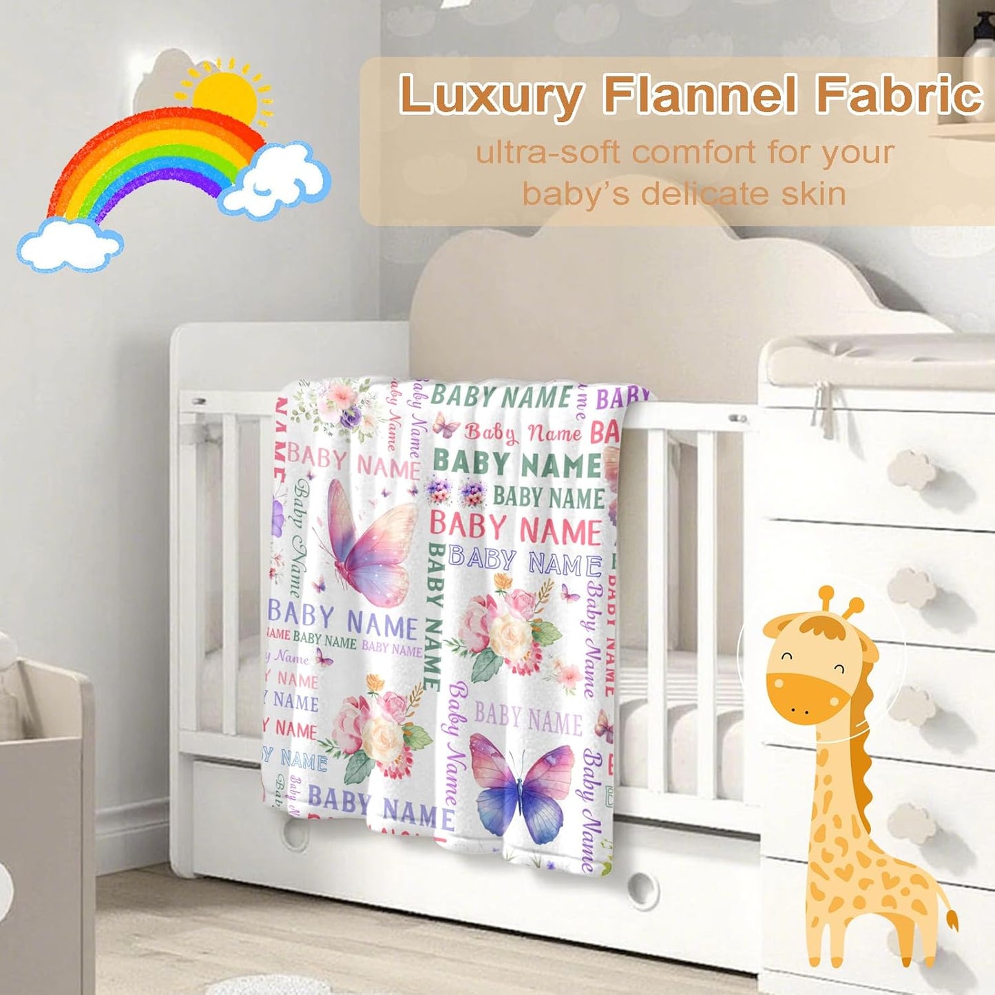 Ship Next Day, Personalized Baby Blanket – Printed in USA, Custom Baby Blanket for Boys & Girls