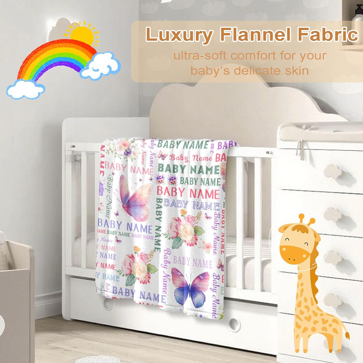 Ship Next Day, Personalized Baby Blanket – Printed in USA, Custom Baby Blanket for Boys & Girls