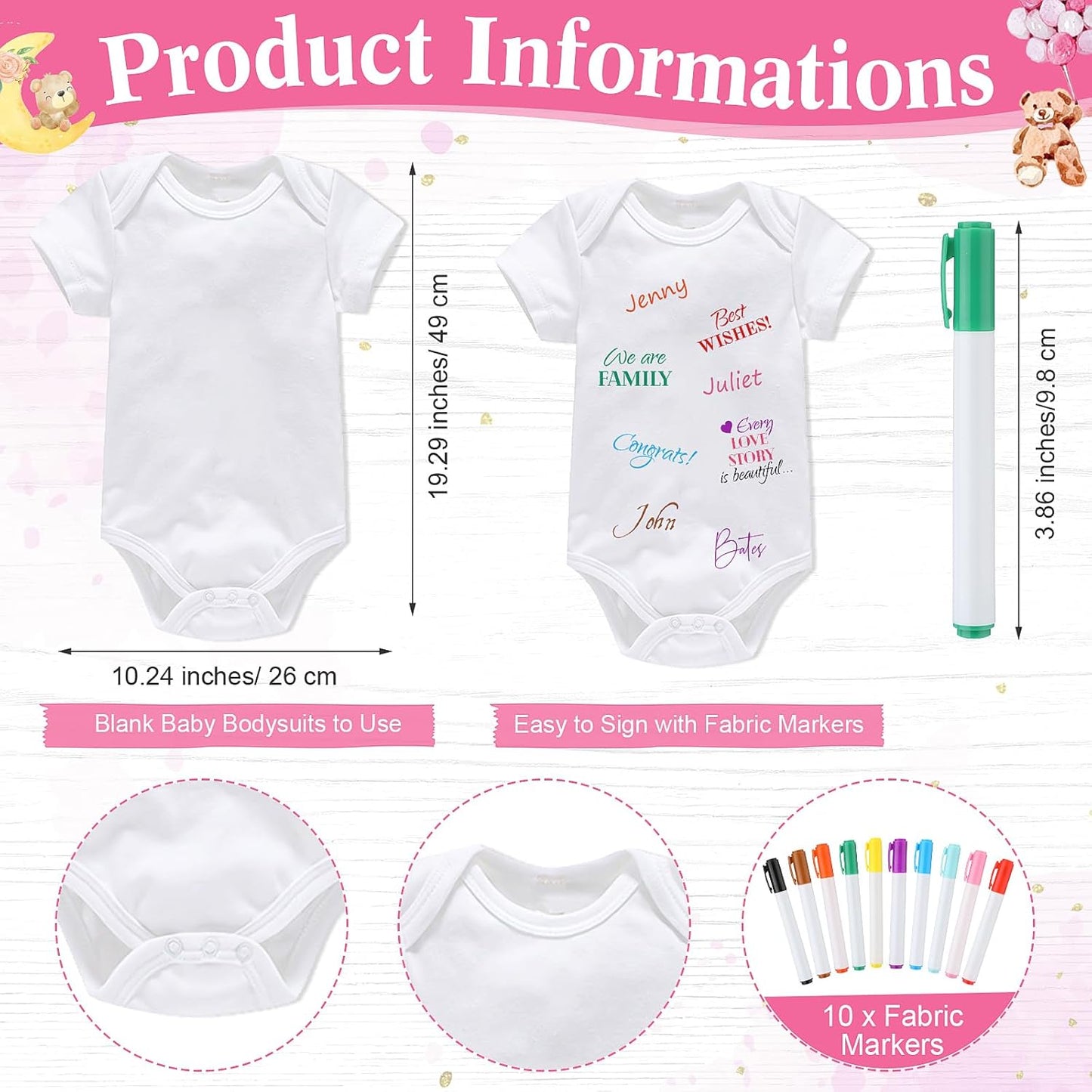 Qunclay 12 Pcs Baby Bodysuit Baby Shower Game Include 1 Game Wooden Sign Tabletop Decor 1 White Blank Newborn Bodysuit 10 Fabric Marker for Gender Reveal Party(Pink Bear)