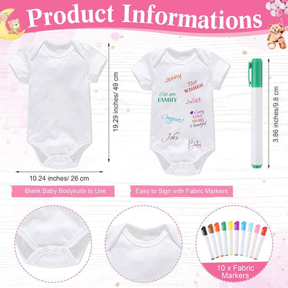 Qunclay 12 Pcs Baby Bodysuit Baby Shower Game Include 1 Game Wooden Sign Tabletop Decor 1 White Blank Newborn Bodysuit 10 Fabric Marker for Gender Reveal Party(Pink Bear)