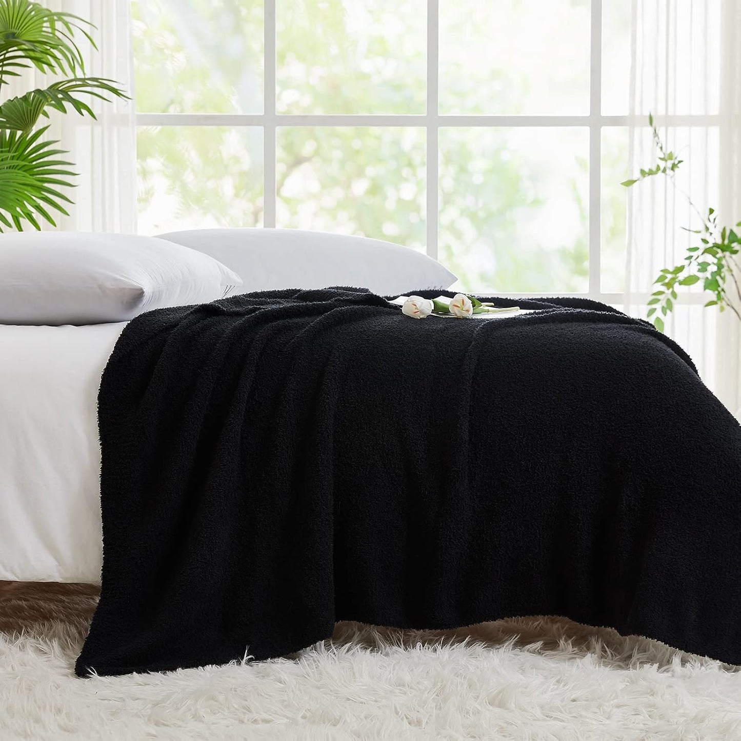 CYMULA Super Soft Knit Throw Blanket Twin Size Black-Lightweight Plush Fuzzy Fluffy Warm Cozy