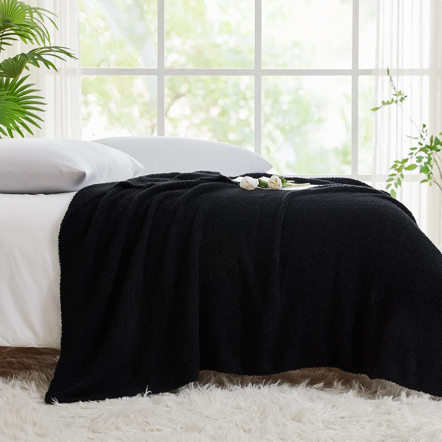 CYMULA Super Soft Knit Throw Blanket Twin Size Black-Lightweight Plush Fuzzy Fluffy Warm Cozy