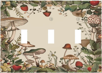Decorative Switch Covers Plate Rustic Mushroom Garden Red Strawberry 3 Gang Artistic Wall Plate Unique Triple Toggle Light Switch Plate Jumbo Faceplate for Bedroom Home Decor
