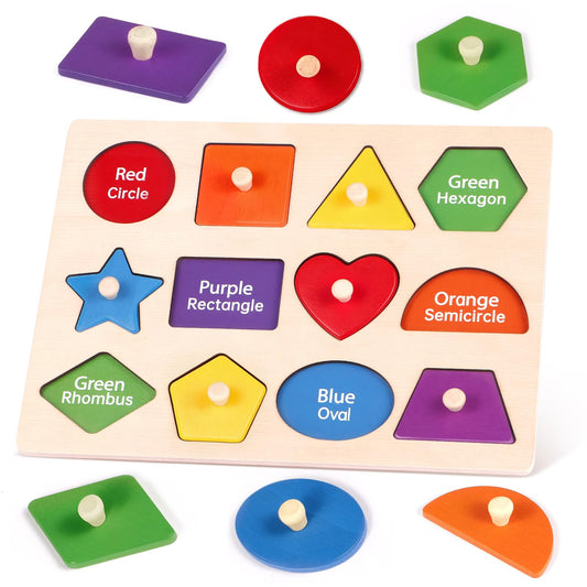 JOLSNAF Montessori Wooden Peg Shape Puzzles for Toddlers