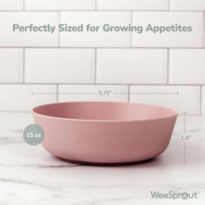 WeeSprout Bamboo Kids Bowls, Set of Four 15 oz Kid-Sized Dinnerware, Cereal, Leftovers & Snack Bowl, Dishwasher Safe (Blue, Green, Gray, & Beige)