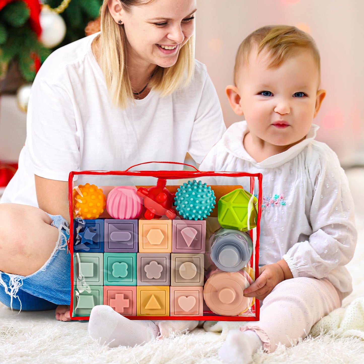 3 in 1 Baby Toys,Montessori Baby Blocks for 0-3-6-12 Months Babies