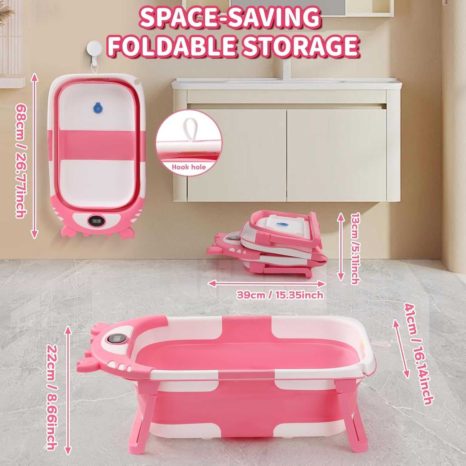 Baby Bathtub,Collapsible Baby Bath Tub with Thermometer & Soft Floating Cushion,Portable Travel
