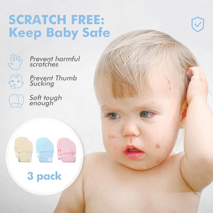 HAPIU Baby No Scratch Mittens Stay On, 100% Cotton Breathable, Adjustable Infant Gloves for Boys Girls, Newborn - 12 M