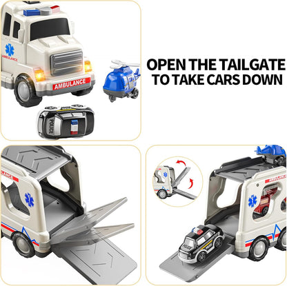 TEMI 5 Pack Ambulance Vehicle Toddler Truck Toys for 3 4 5 6 Year Old Boys, Friction Powered Cars with Toy Helicopter, Police Car, Fire Truck, Ambulance Car, Birthday Gifts for Girls Age 3-9