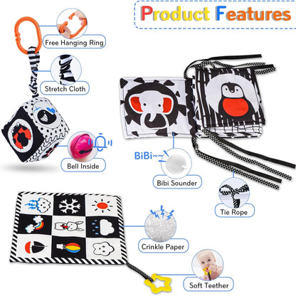 SAMMAS 3 Pcs Black and White High Contrast Baby Toys, 0-6 Months, Sensory Soft Book, Montessori Toys for Babies
