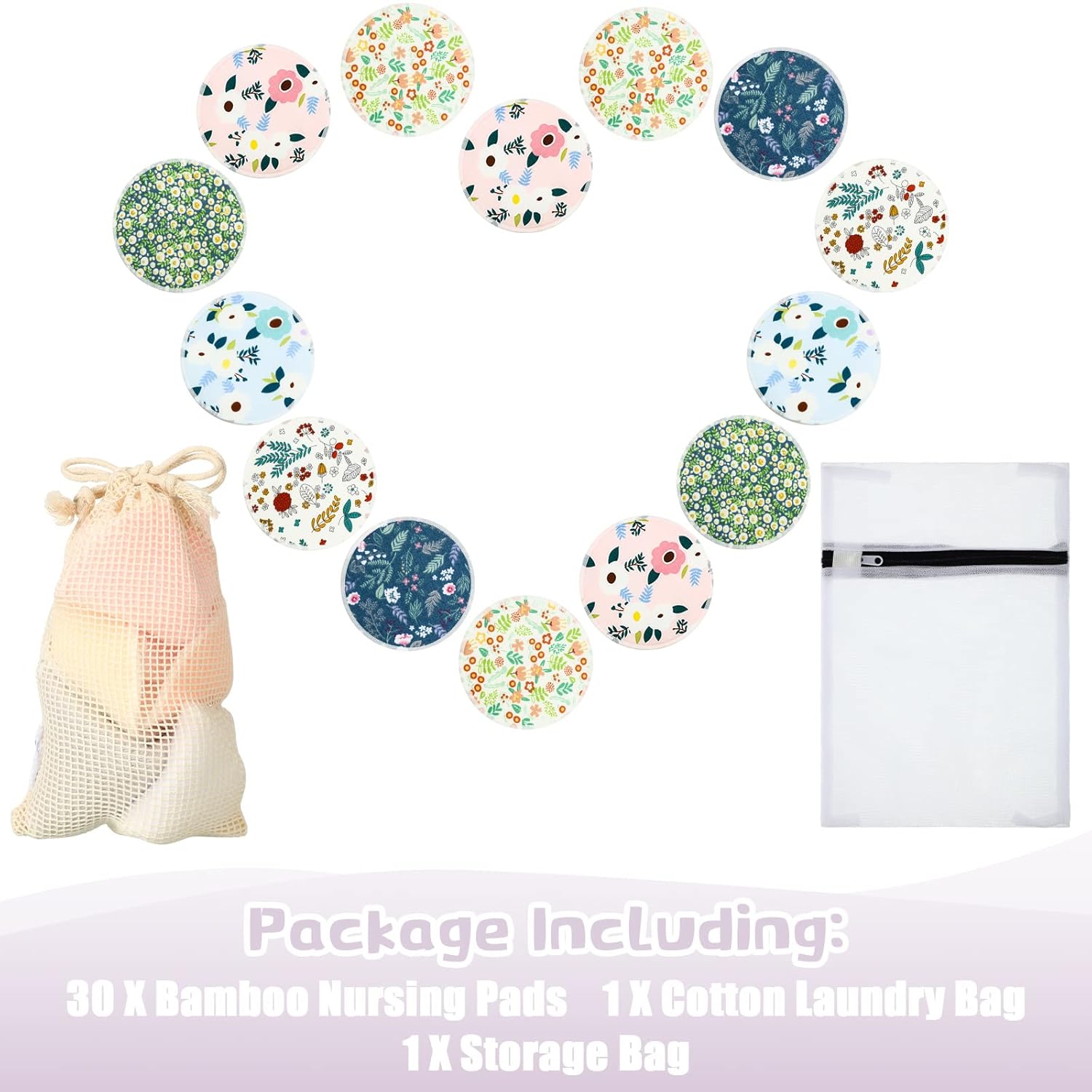 Sosation 30 Pcs Reusable Breast Pads Bamboo Nursing Pads with Wet and Laundry Bag Floral Nipple